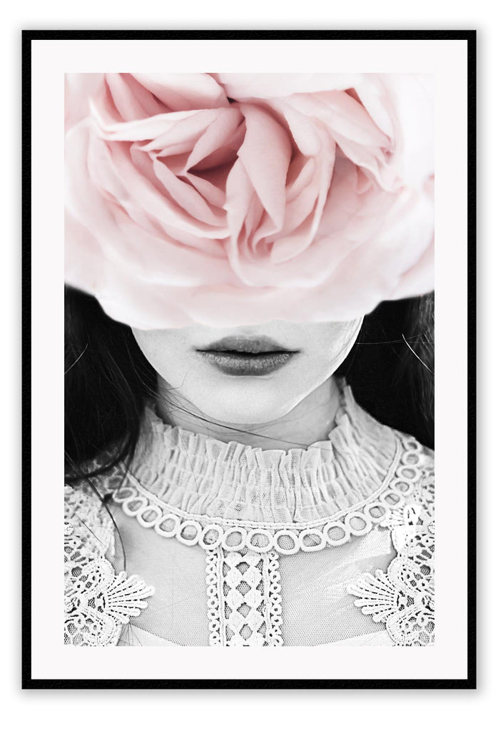 Floral fashion photography black and white and pink covering the eyes close-up 