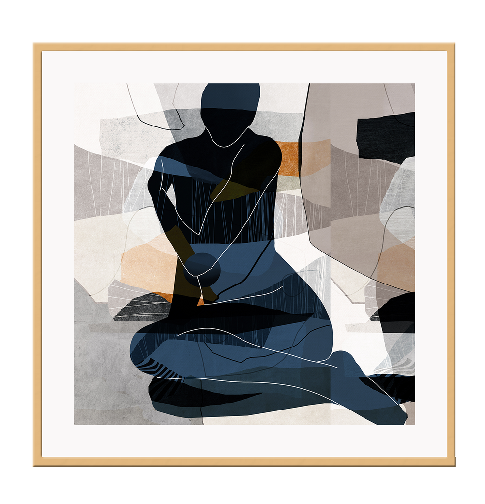 Abstract print with the blue outline of a person in the centre on a background of random shapes in grey and rust.