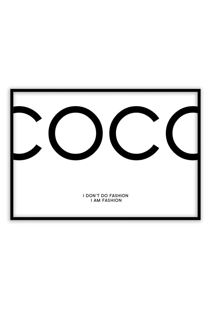 Fashion typography print with black text and white background chanel inspired coco 
