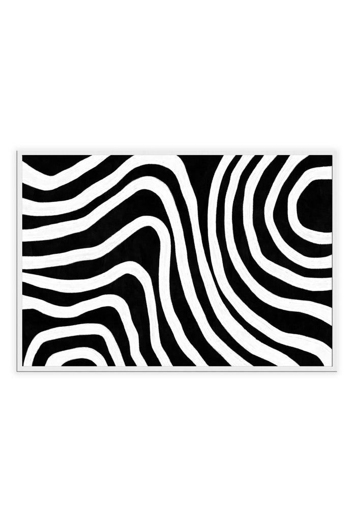 Abstract landscape portrait art print with black and white lines forming rounded groovy patterns on a black background modern style.