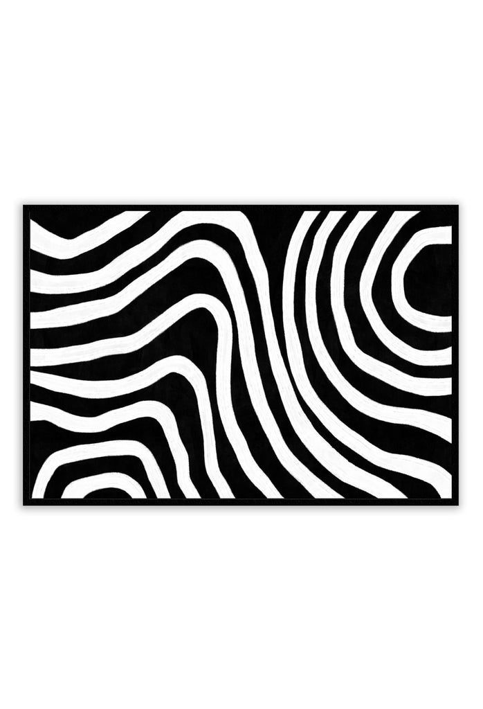 Abstract landscape portrait art print with black and white lines forming rounded groovy patterns on a black background modern style.