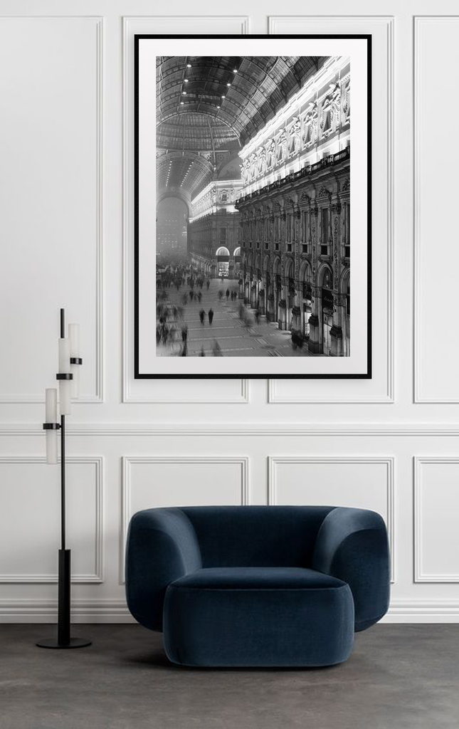 A black and white urban wall art with classic architecture train station London.