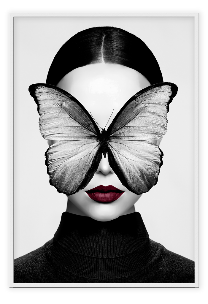 A fashion black and white wall art with black butterfly on a sexy lady's face with a hint of wine red on her lips. 