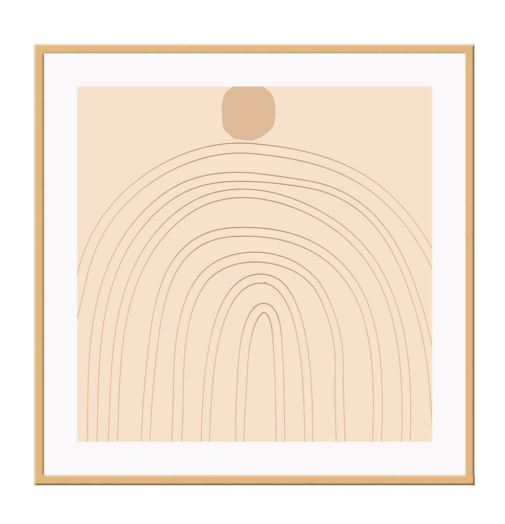 Abstract art print with beige curvy lines forming a rainbow shape and a beige dot on top on a light beige background.