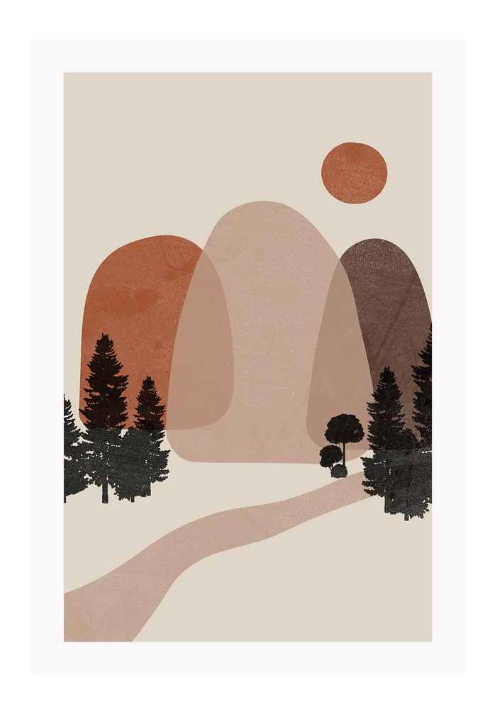 Abstract modern print with black tree and mountain outlines in rust beige brown tones with path creating a modern forest interpretation.