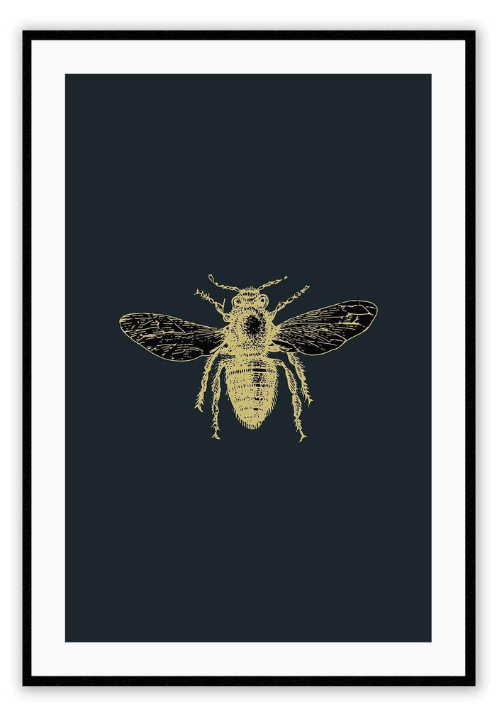 A natural wall art with brass bee on navy blue background that mimics an insect sample