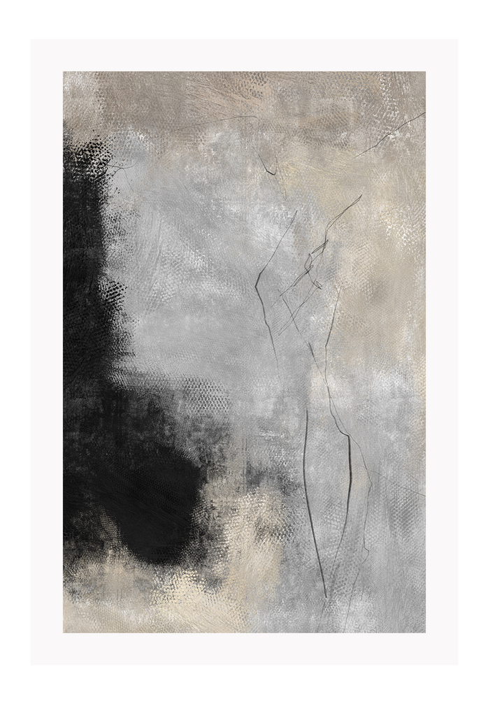 Painting style art print with textured patches of black, grey and beige colours and scattered thin black lines.