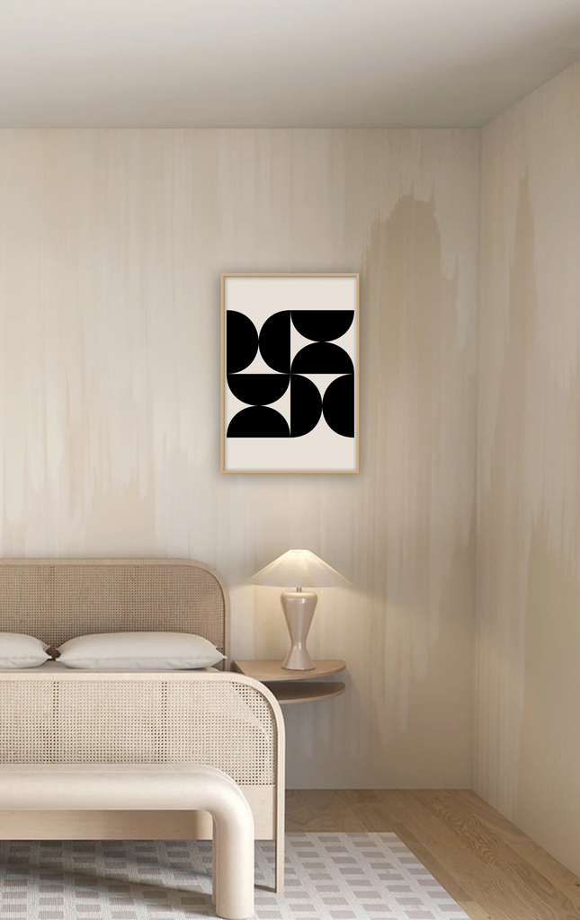 Cream and black abstract geometric print with half circle arrangements in symmety
