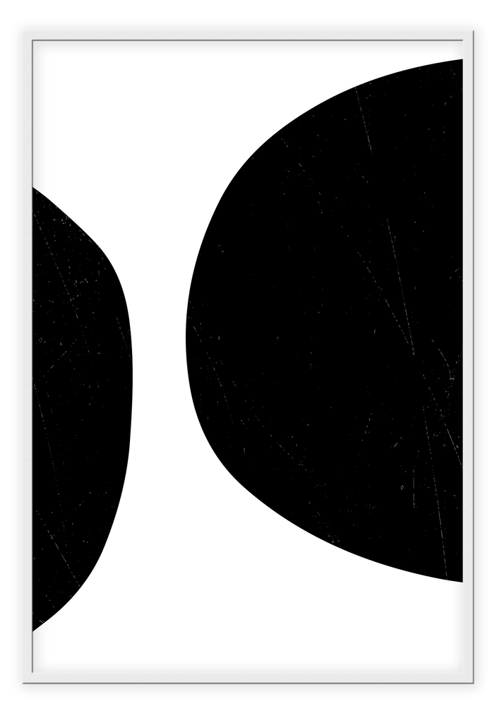 A black and white abstract wall art with black circles on white background. 