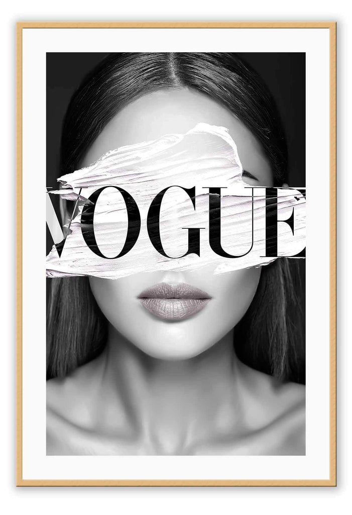 A fashion wall art of a fashion female model and white stripe on eyes and Vogue fashion label. 