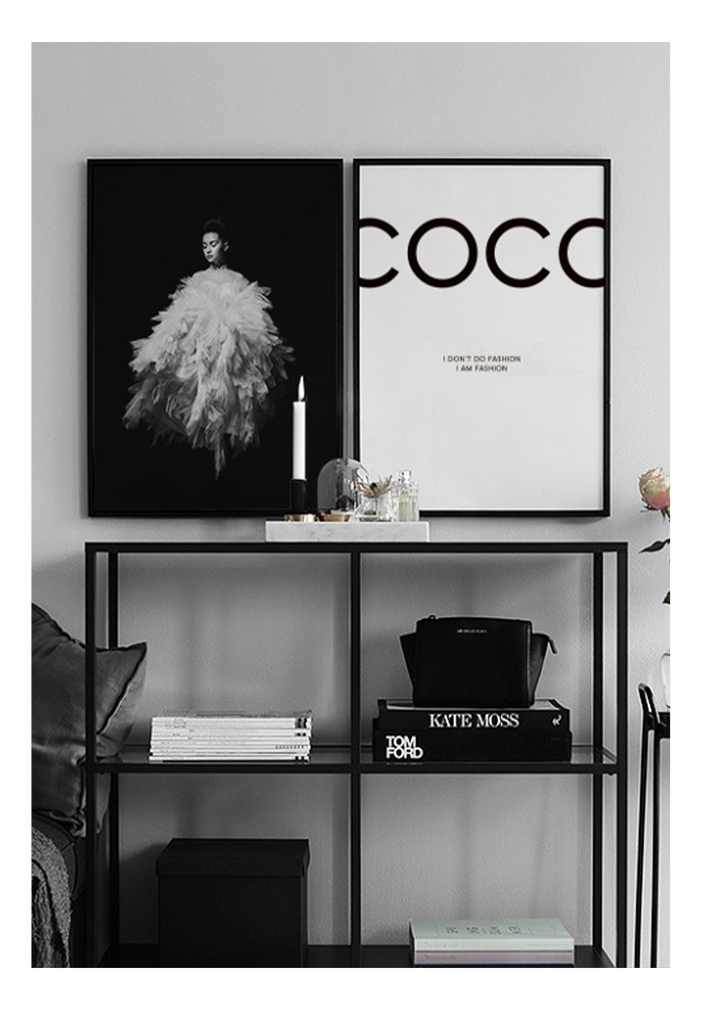 A black and white fashion typography wall art with coco chanel I dont do fashion I am fashion black writing on white background. 