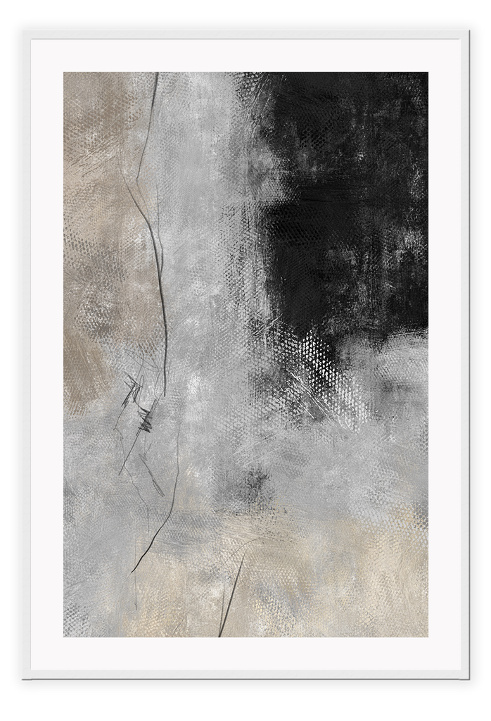 Painting style art print with textured patches of black, grey and beige colours and scattered thin black lines.