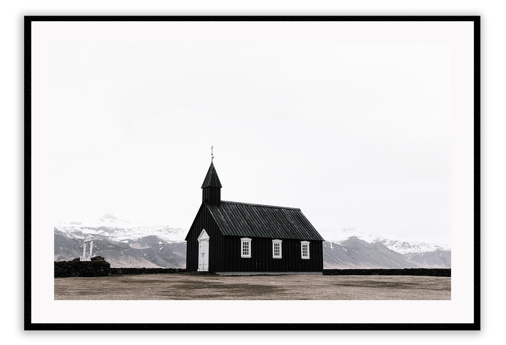 Landscape black and white church print architechture and background of natural fields 