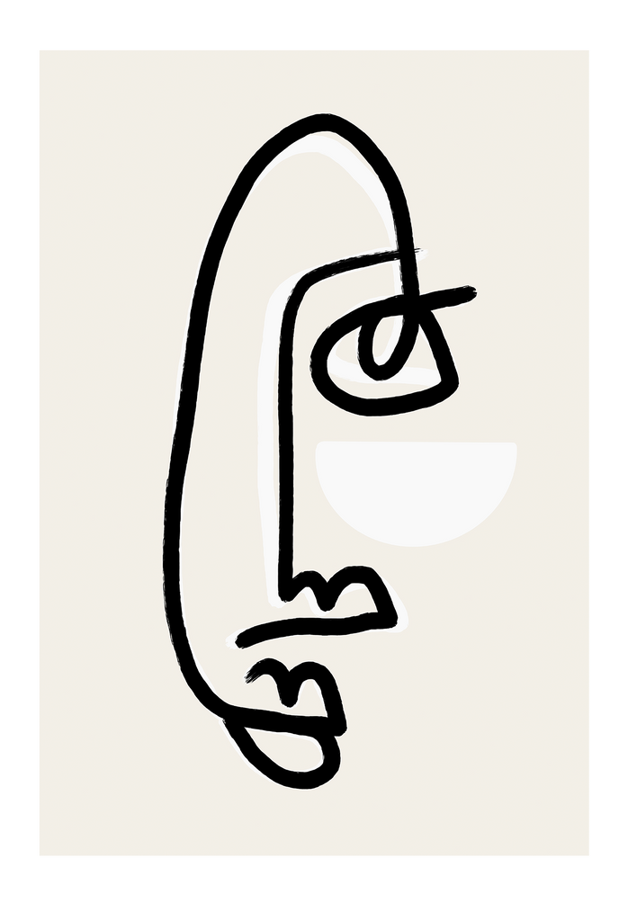 Line art print with black and white lines creating close up of a face with a beige background 