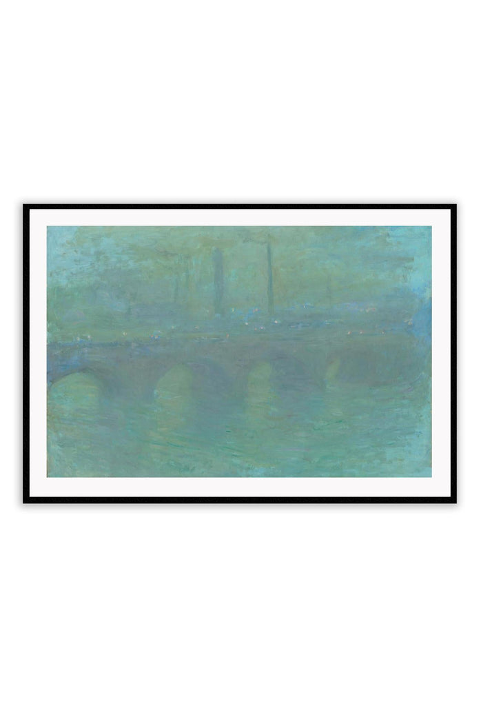 Abstract print in green and blue tones in brushstroke texture with faded outline of a bridge in the background.