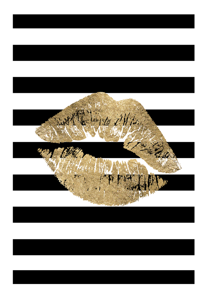 Fashion print with a gold kiss print on a black and white striped background. 