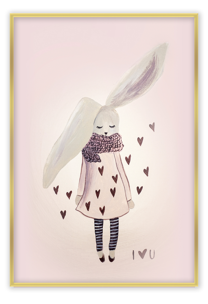Bunny rabbit girl wearing dress kids nursery print pink love hearts pink background