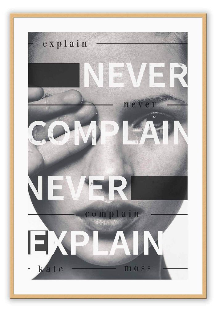 kate moss hand over eye never complain never explain text black and white