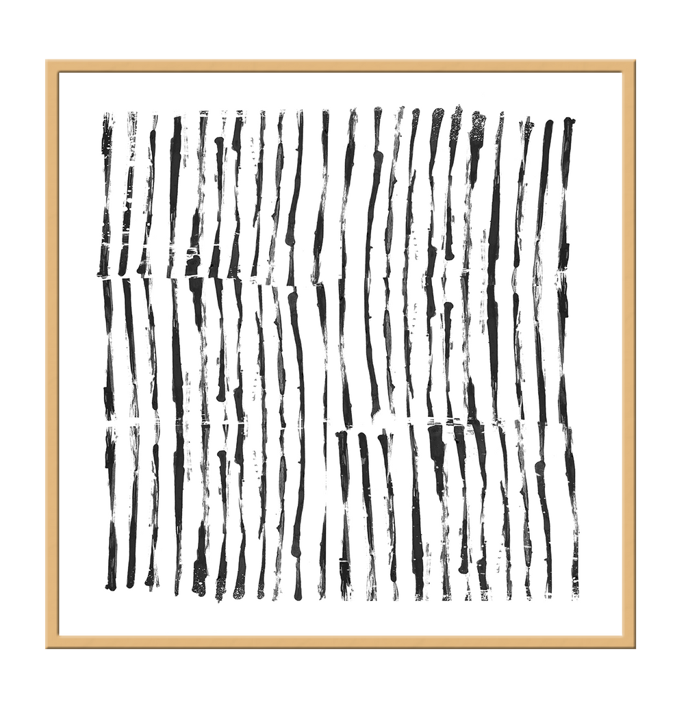Abstract print with rows of vertical short brushstrokes in black creating the illusion of black lines on a white background.