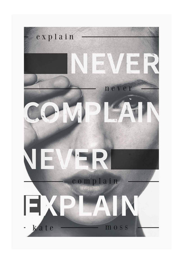 kate moss hand over eye never complain never explain text black and white