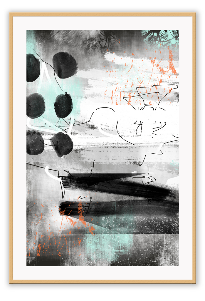 Graffiti style print with teal pink peach black orange white background random lines and shapes 