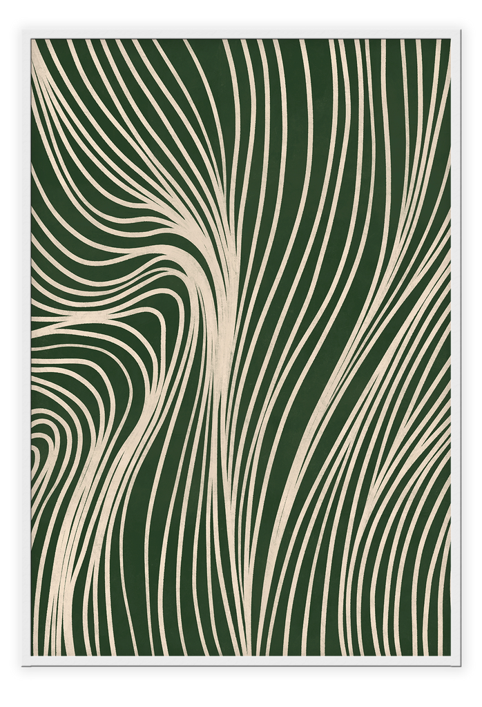 Abstract modern minimalistic art print of cream even lines creating a wavy shape dark forest green background.