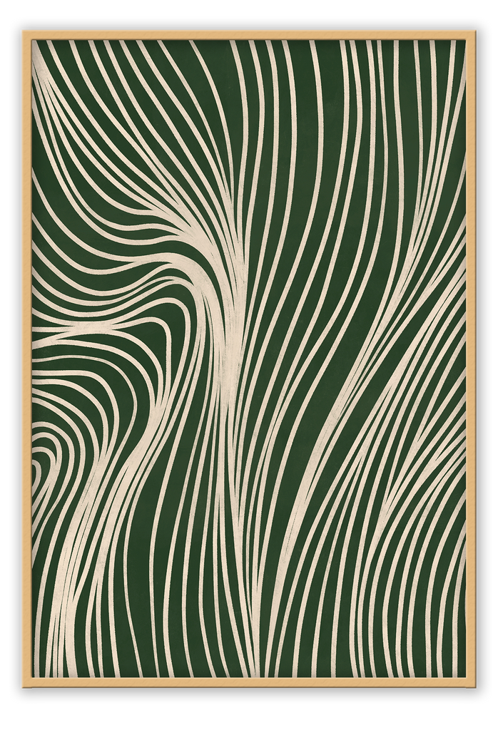 Abstract modern minimalistic art print of cream even lines creating a wavy shape dark forest green background.