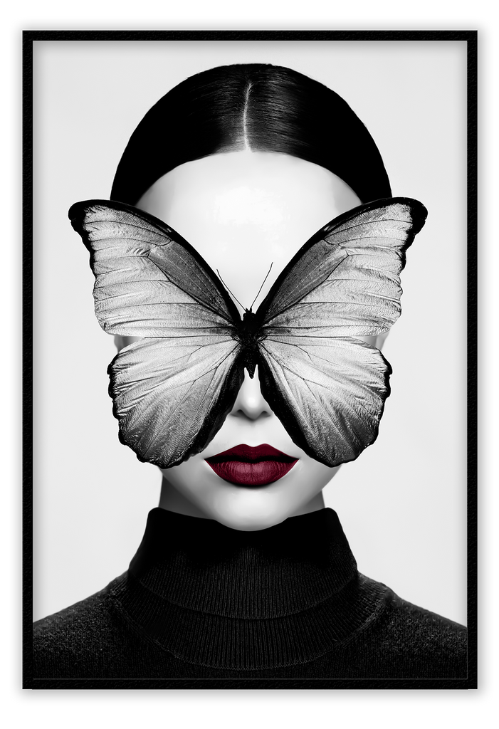 A fashion black and white wall art with black butterfly on a sexy lady's face with a hint of wine red on her lips. 