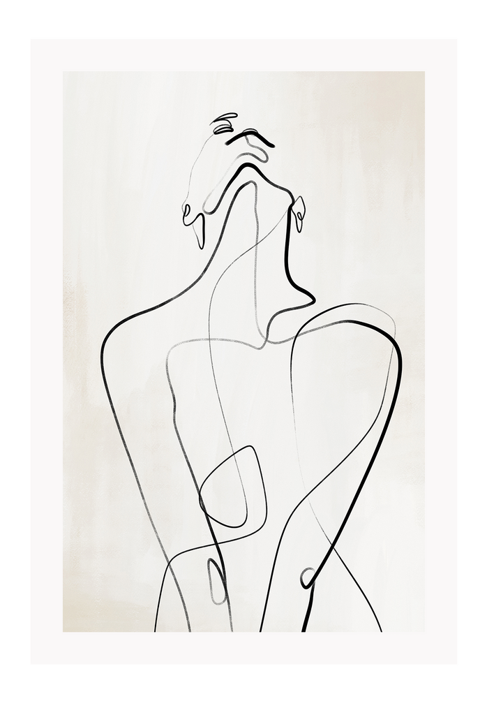 Modern line art sketch print woman portrait outline body bedroom shape lady black line cream background.