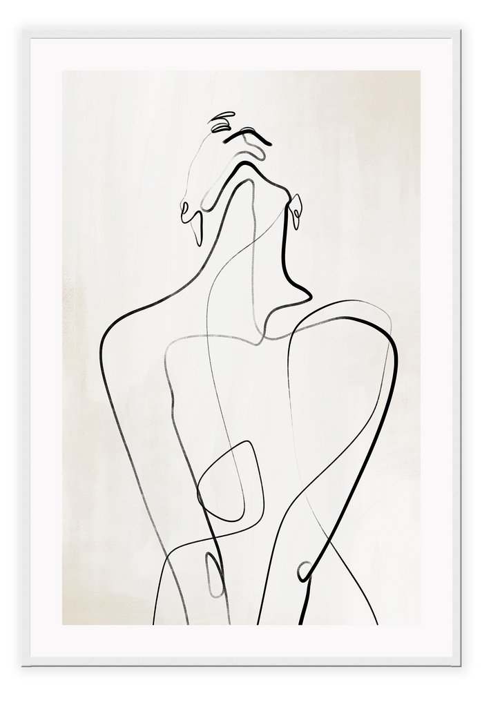 Modern line art sketch print woman portrait outline body bedroom shape lady black line cream background.