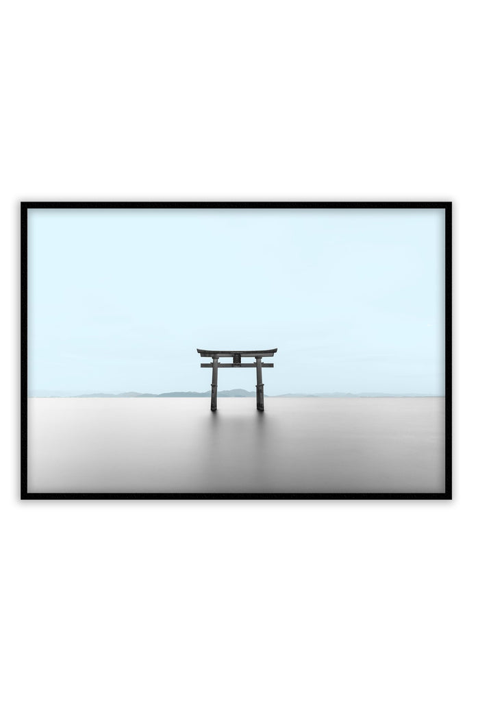 Minimal print with light blue and grey background and single torii and Japanese style zen garden 