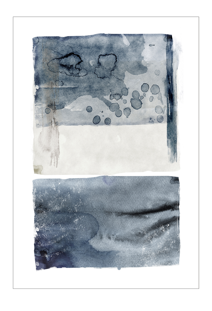 Abstract portrait modern minimalist art print with grey and blue watercolour rectangle shapes on a white background.