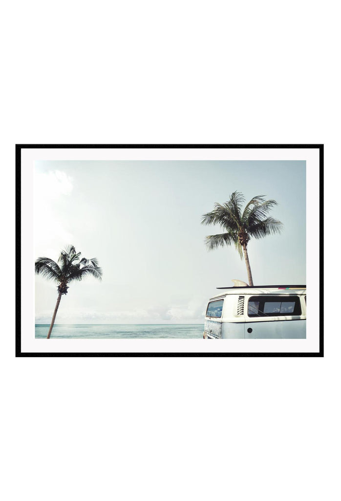 Landscape photography print with blue tones, palm trees combi van and cloudy sky 