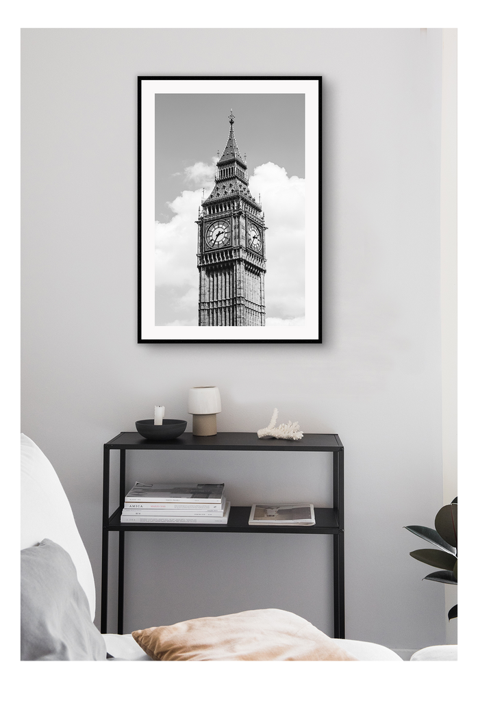 A black and white urban wall art with classic architecture Big Ben in London. 