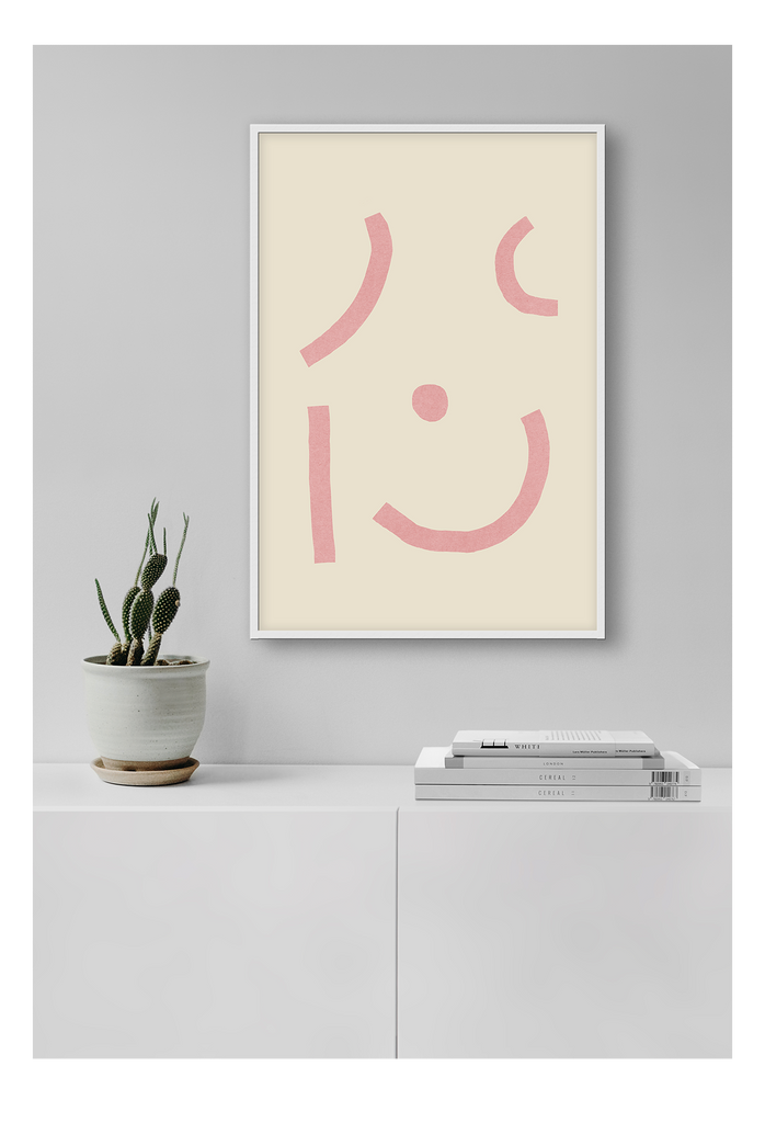 An abstract wall art with pink lines and dot on cream background.