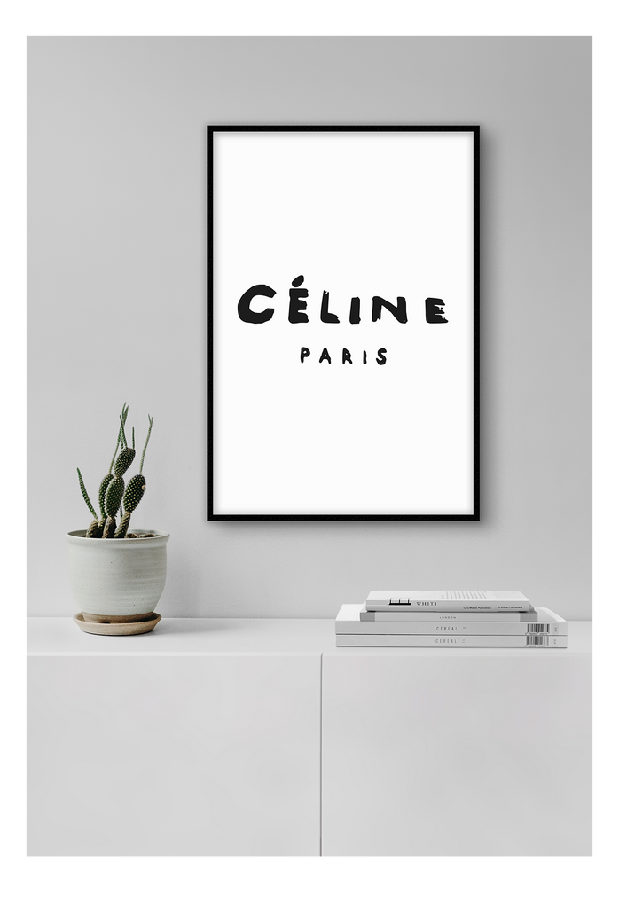celine paris print typography fashion black text and white background. 