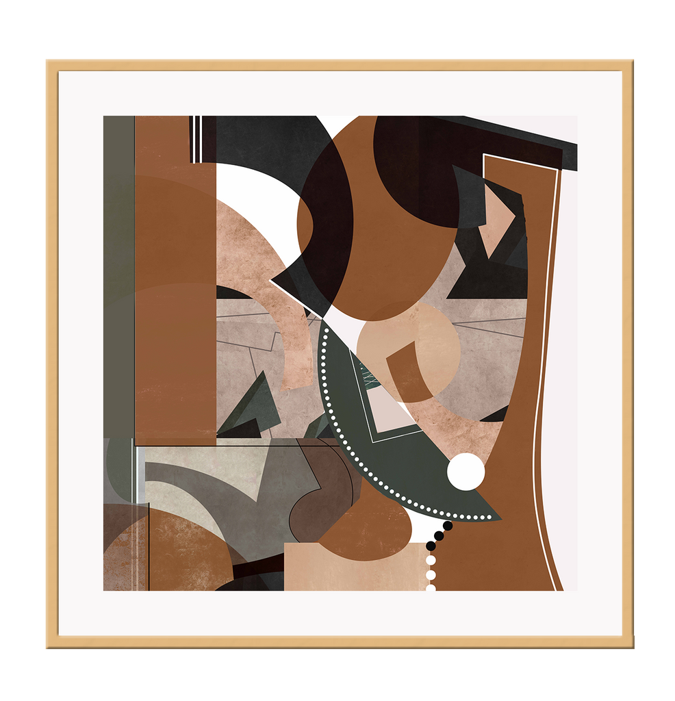 Modern abstract style print with brown olive green black grey and beige shapes overlapping one another on a white background.