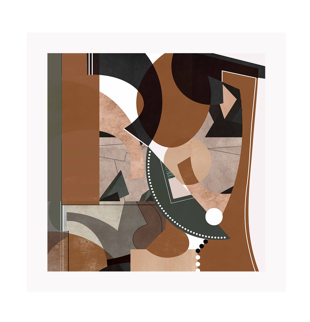 Modern abstract style print with brown olive green black grey and beige shapes overlapping one another on a white background.