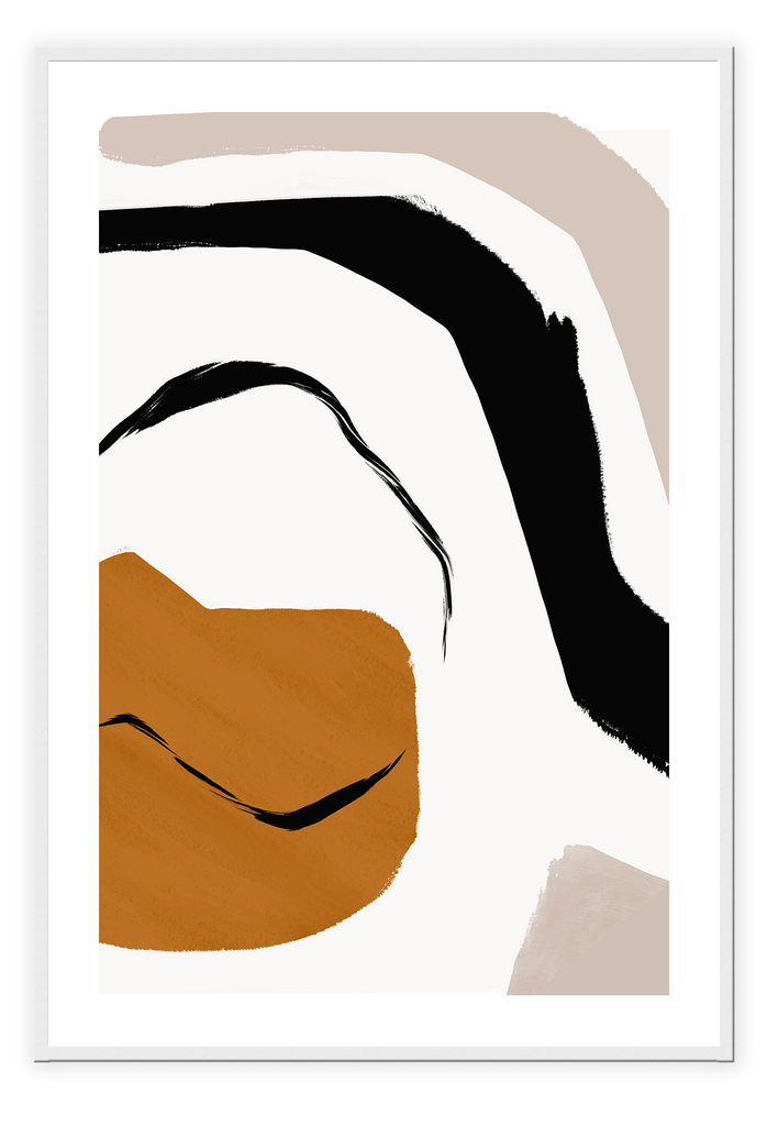 Abstract modern minimalist print portrait landscape with orange black and grey shapes on a white background.