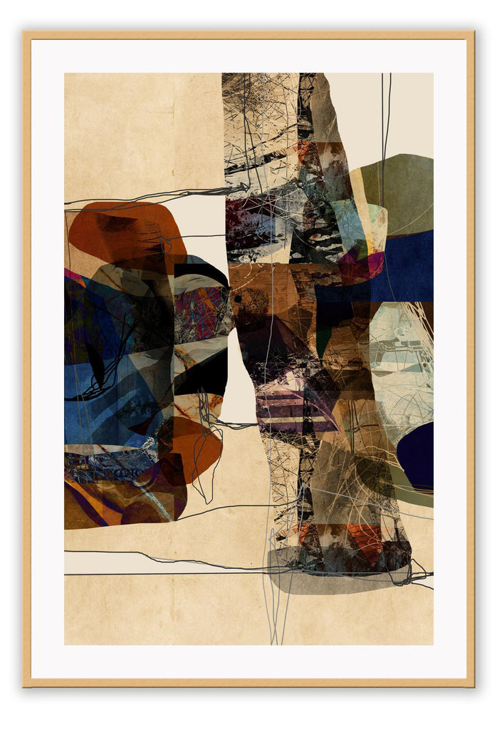 Abstract print in different textures and beige, black and blue tones featuring random shapes and scattered black lines.