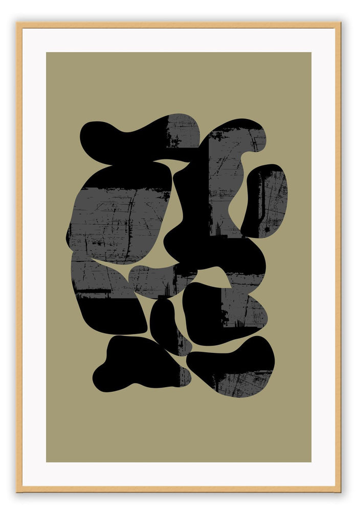 Abstract modern print with black textured and rounded shapes conjoined on an olive green background.