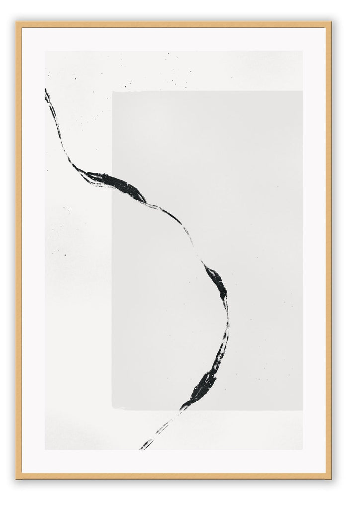 Abstract minimal style art print featuring a grey rectange and black paint stroke overlapping on a white background.