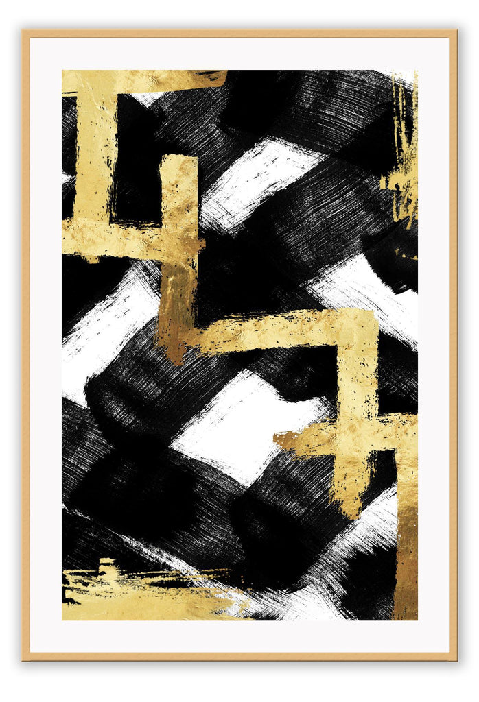 Abstract print with gold vertical and horizontal lines on big black crosses in brushstroke texture and a white background.