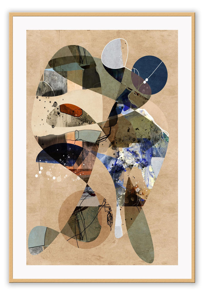 Abstract print with random textured rounded shapes in beige, rust, black, blue and grey tones on beige textured background.