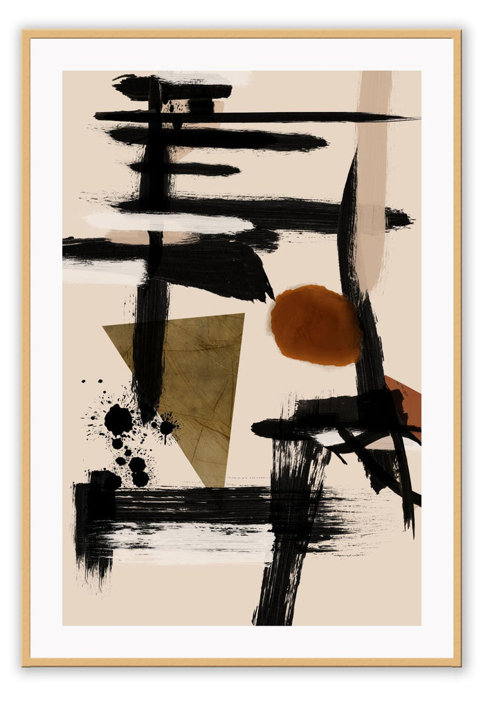 Abstract print with black brushstrokes, a round shape in rust and a green triangle in the centre on a beige background.