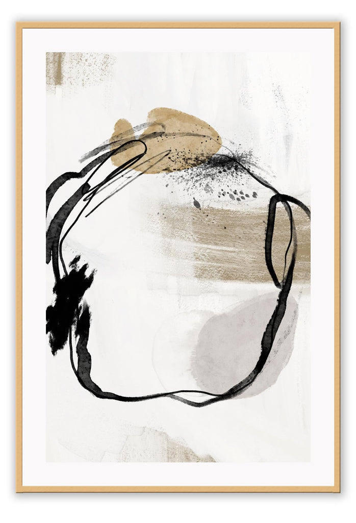 Abstract print with thin black brushstrokes creating a circle in the middle on a beige and grey background.