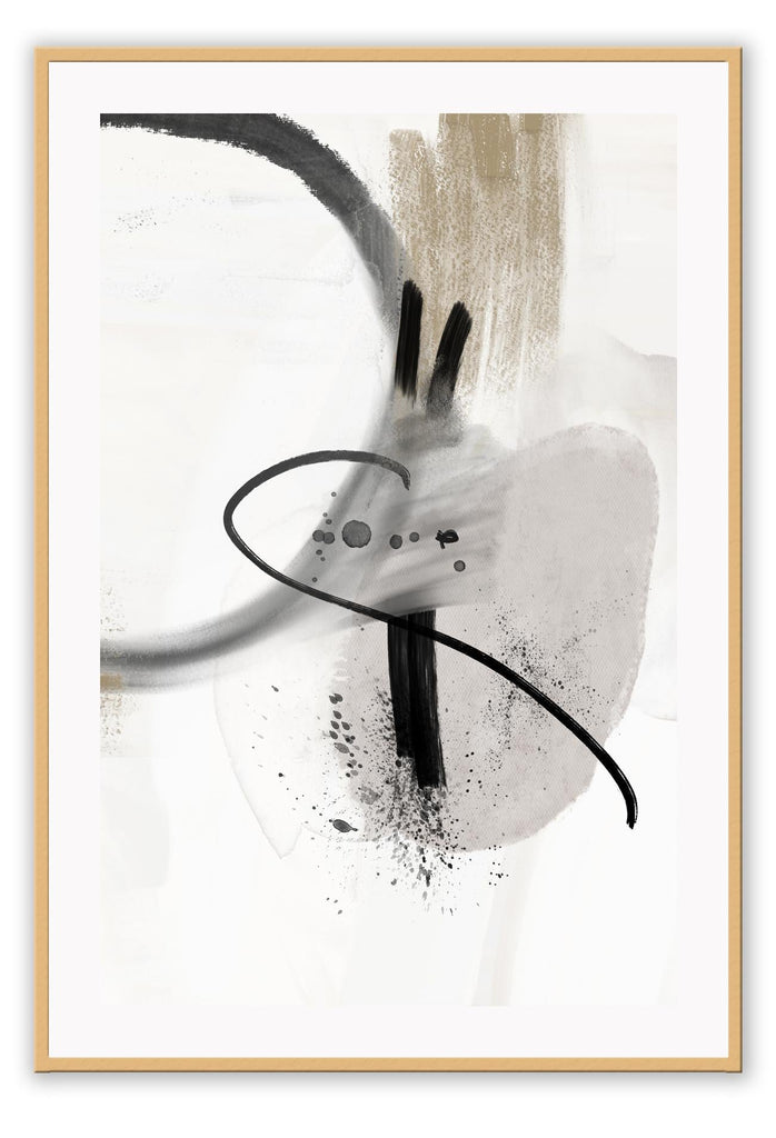 Abstract art print with black round and straight brushstrokes and paint splatters on a textured grey and white background.