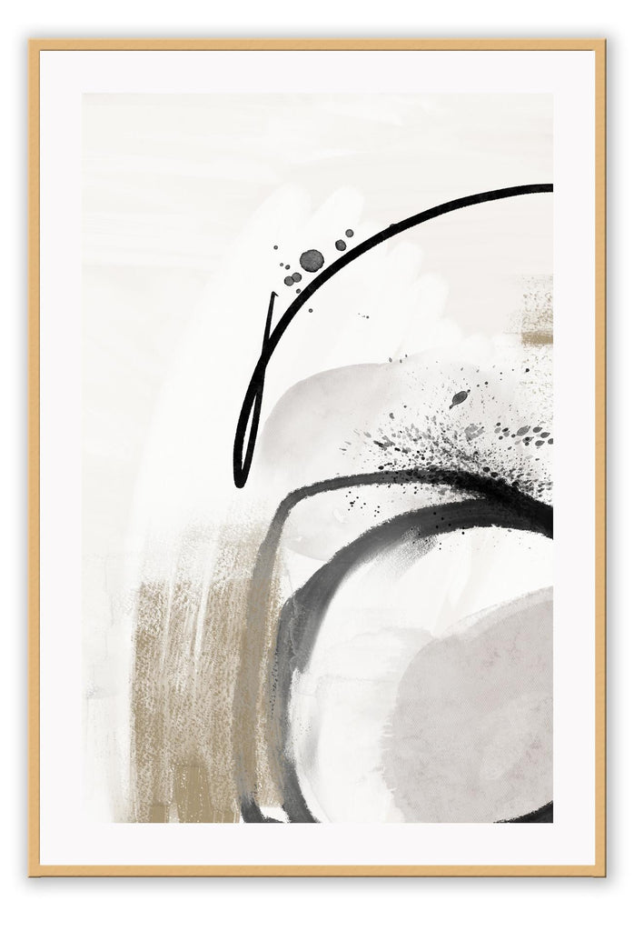 Abstract art print with linear black brushtrokes and chunky beige strokes complemented by paint splatters on white background