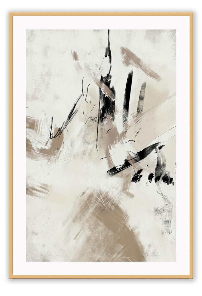 Textured abstract art print with random black and beige brushstrokes and lines on a light grey background.
