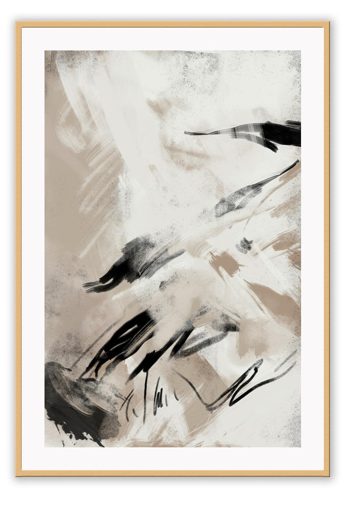 Textured abstract art print with random black and beige brushstrokes and lines on a light grey background.
